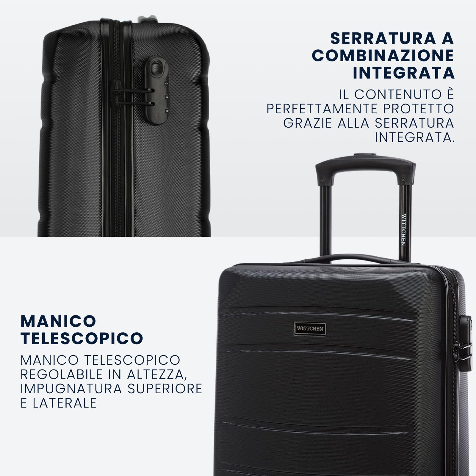WITTCHEN Valigia da viaggio Bagaglio a mano Valigia da cabina Valigia rigida in ABS con 4 ruote girevoli Serratura a combinazione Maniglia telescopica Globe Line Taglia S Nero Ryanair/ITA Airways