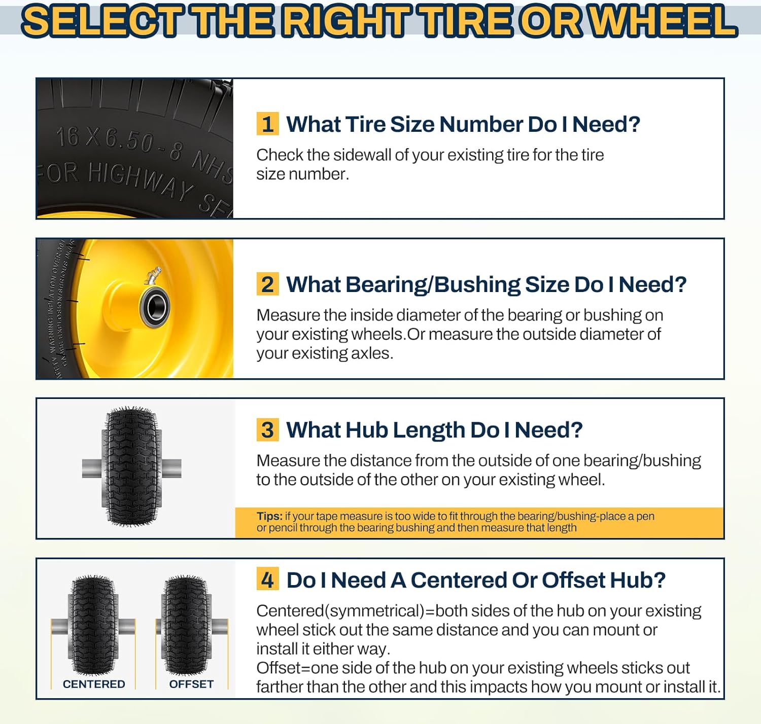 16x6.50-8 Tubeless Tire and Wheel, 4 Ply 16x6.5-8" Lawn Mower Tires with 3/4" Bearings with Extra 5/8" Bearings and 1" Bushings, 3"-4.5" Offset Hub, Fit Riding Mower and Garden Tractor Front Wheels