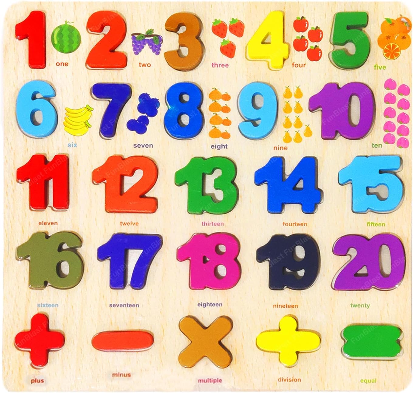 FunBlast Wooden Number Puzzles Toys for Kids, Number Board Educational Learning Letters Puzzle Toy - 25 Pcs (Multicolor)