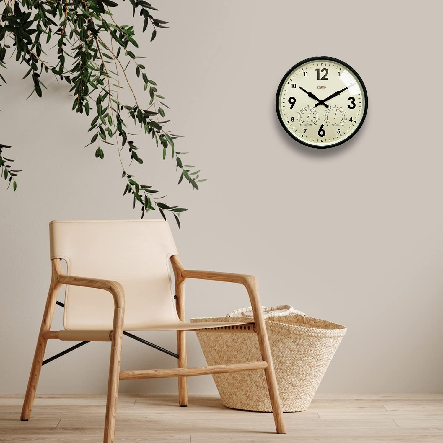 Cloudnola Indoor Outdoor Waterproof Metal Wall Clock with Thermometer and Hygrometer, Black, 12 inch Silent Non-Ticking Battery Operated Quality Quartz Round Clock for Patio and Home Decor