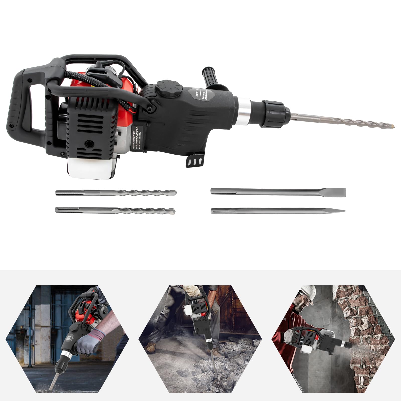 WooDerson 2-suwowy młot wyburzeniowy, benzynowy, 1000 W, z zestawem wierteł, 33 CC 30J, wielofunkcyjny młot udarowy 4 w 1, profesjonalny zestaw (młotkowanie, slotting, wiercenie, kruszenie)