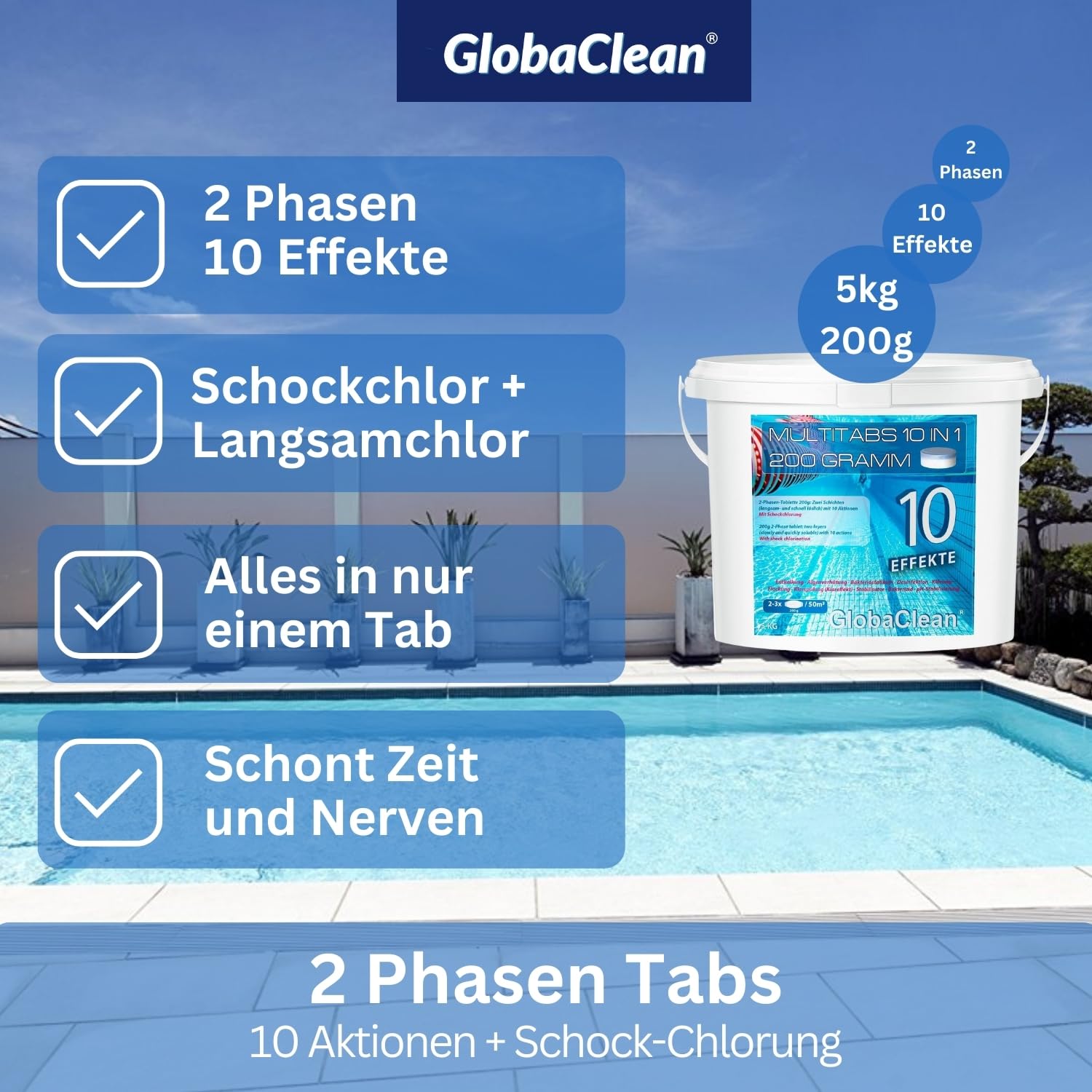 Chlor Multitabs 10 in 1 - Zwei Phasen Chlortabletten für Pool mit 10 Funktionen - Desinfektion von Poolwasser und Filter - 200g Tabletten im 5kg Eimer