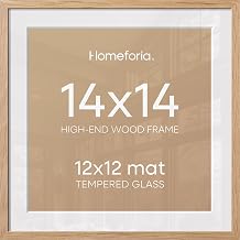 Homeforia Wood Square Frame 14x14, High End Natural Oak 14 x 14 Light Wooden Picture Frames with Mat 12 by 12 inch Photo, 14by14 Poster Frames Matted to 12x12 Print, Tempered Glass, Wall Kit, Set of 1