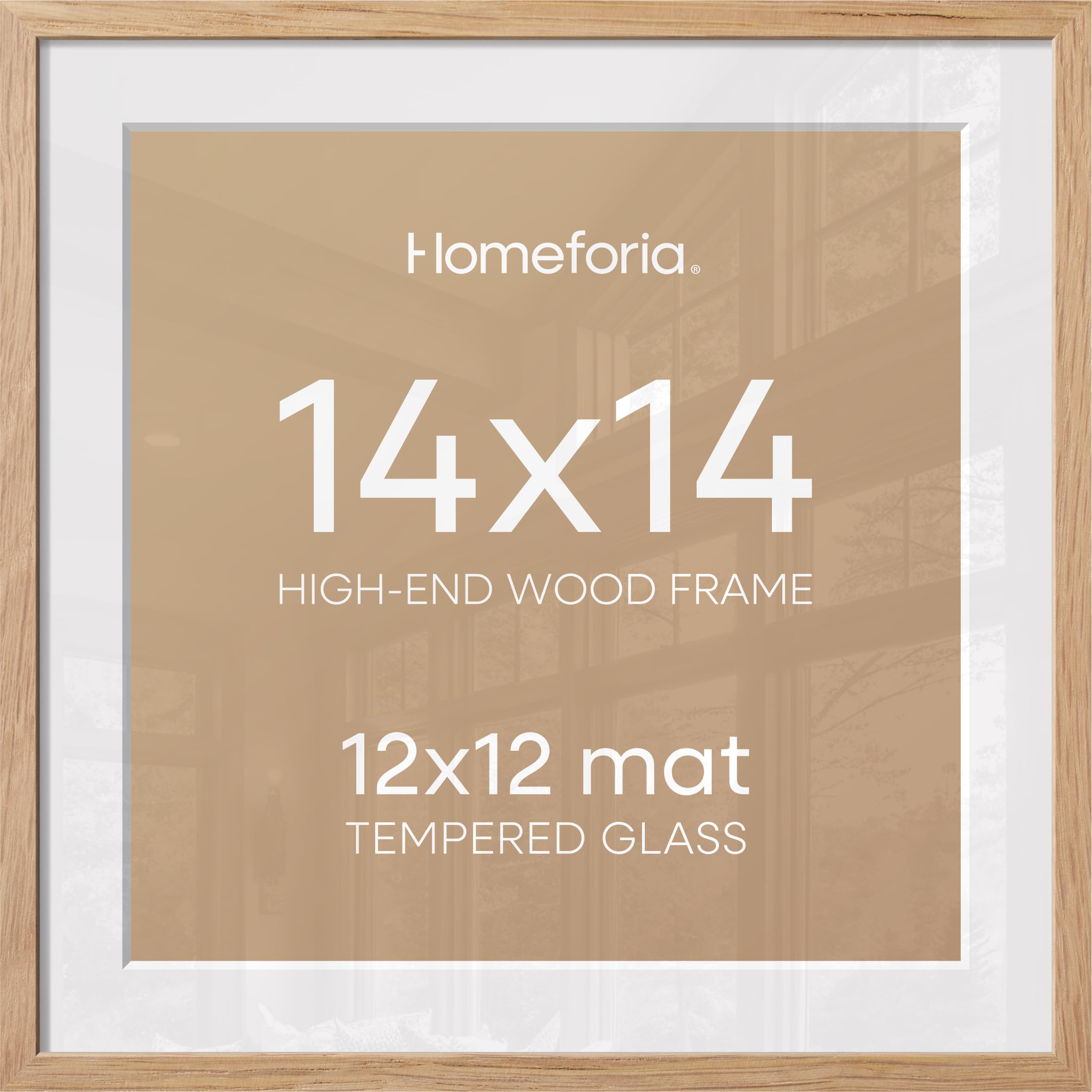 Homeforia 14x14 Natural Oak Picture Frame, High-End Wood, 12x12 Mat, Glass | High End Solid Oak Wood, Tempered Glass, Acid-Free 12x12 Removable Mat, 14x14 Edge-to-Edge Display 14x14, Wall Kit, Set Of 2
