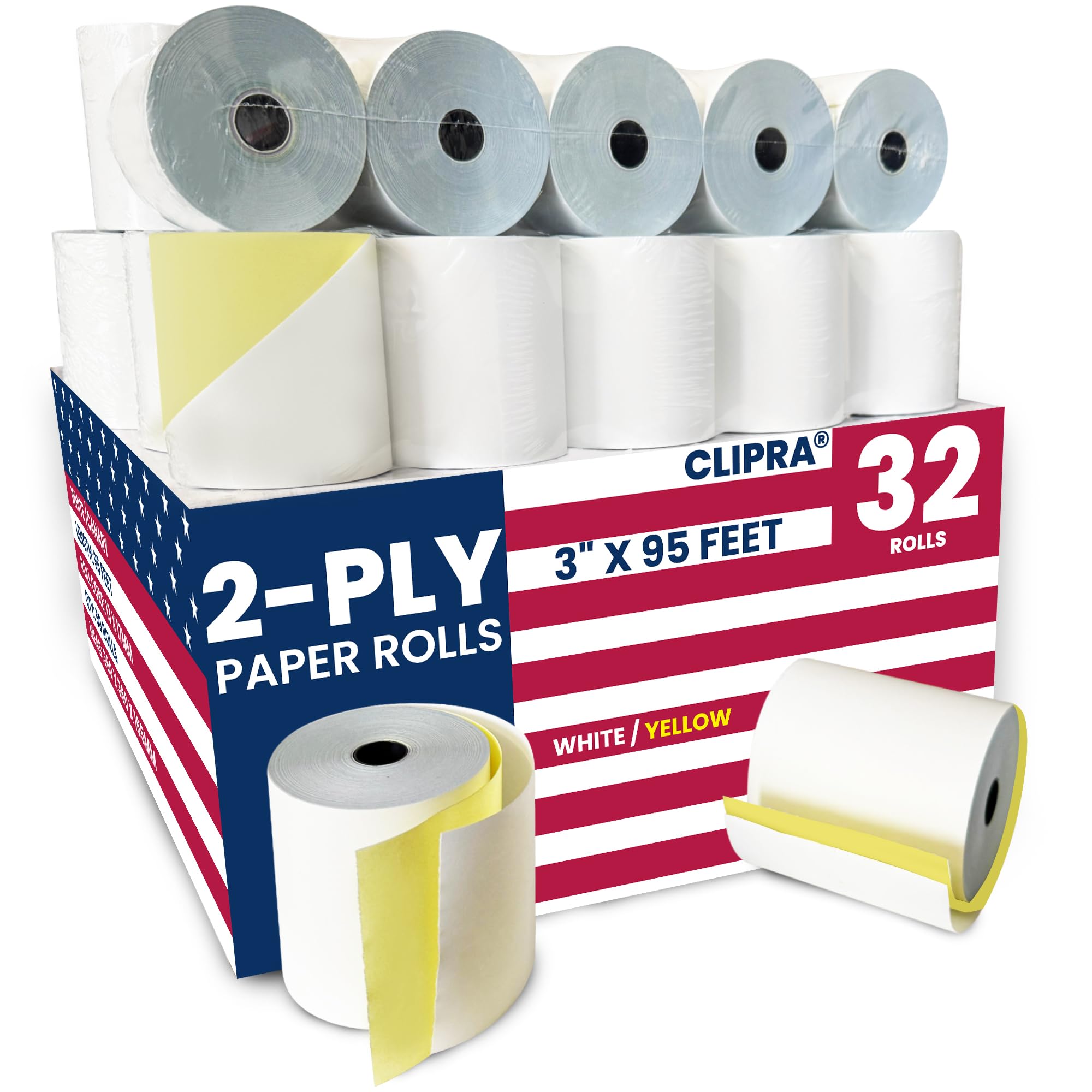 (32 Rolls) 2 Ply Kitchen Printer Paper White/Yellow Carbonless Rolls 3” x 95 Feet Receipt Rolls–Compatible with Star SP700 Printer Paper, SP2000 UP389