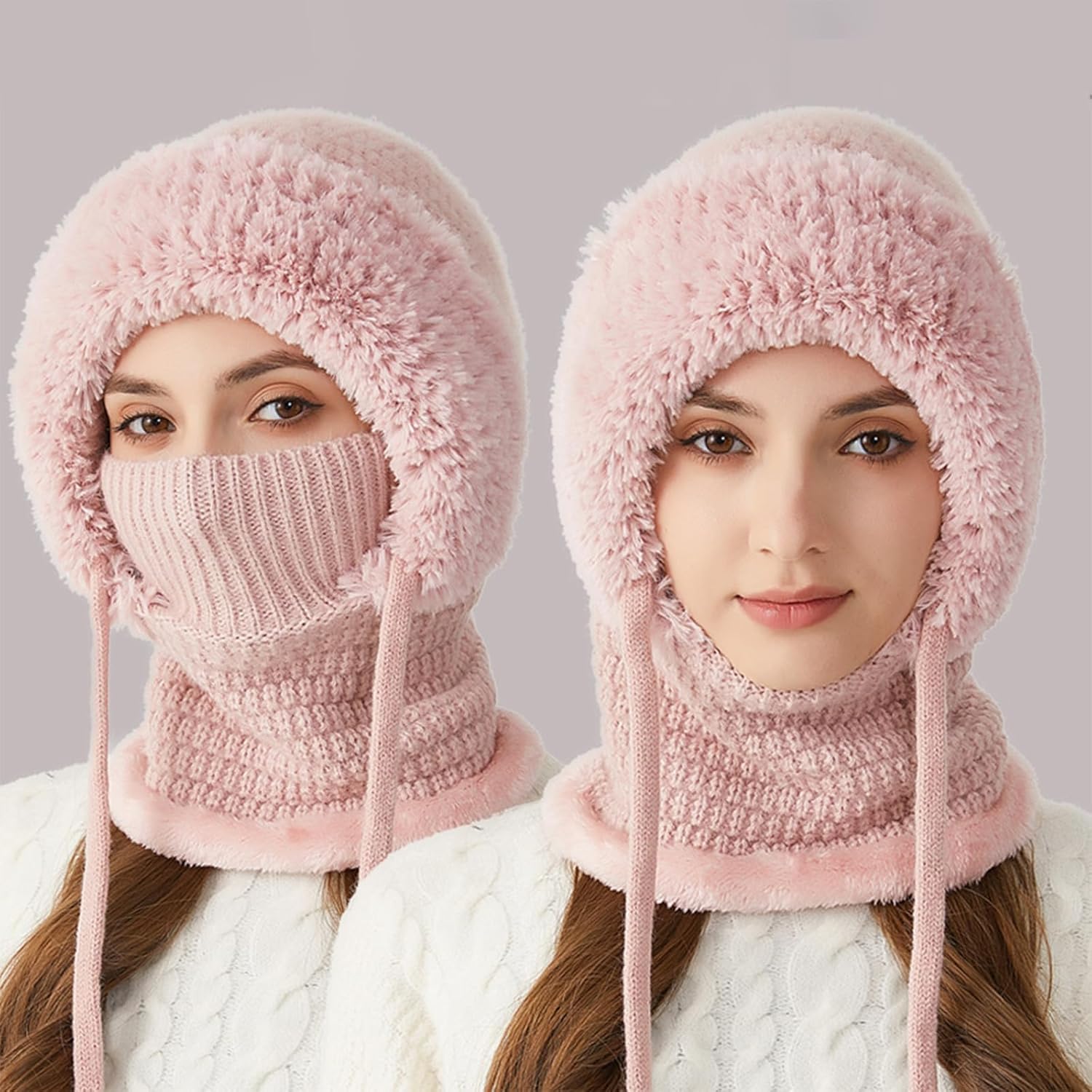 3 in 1 Beanie Hat with Scarf and Mask 3 in 1 Winter Hat for Women Balaclava Ski Mask (Pink) - Image 2