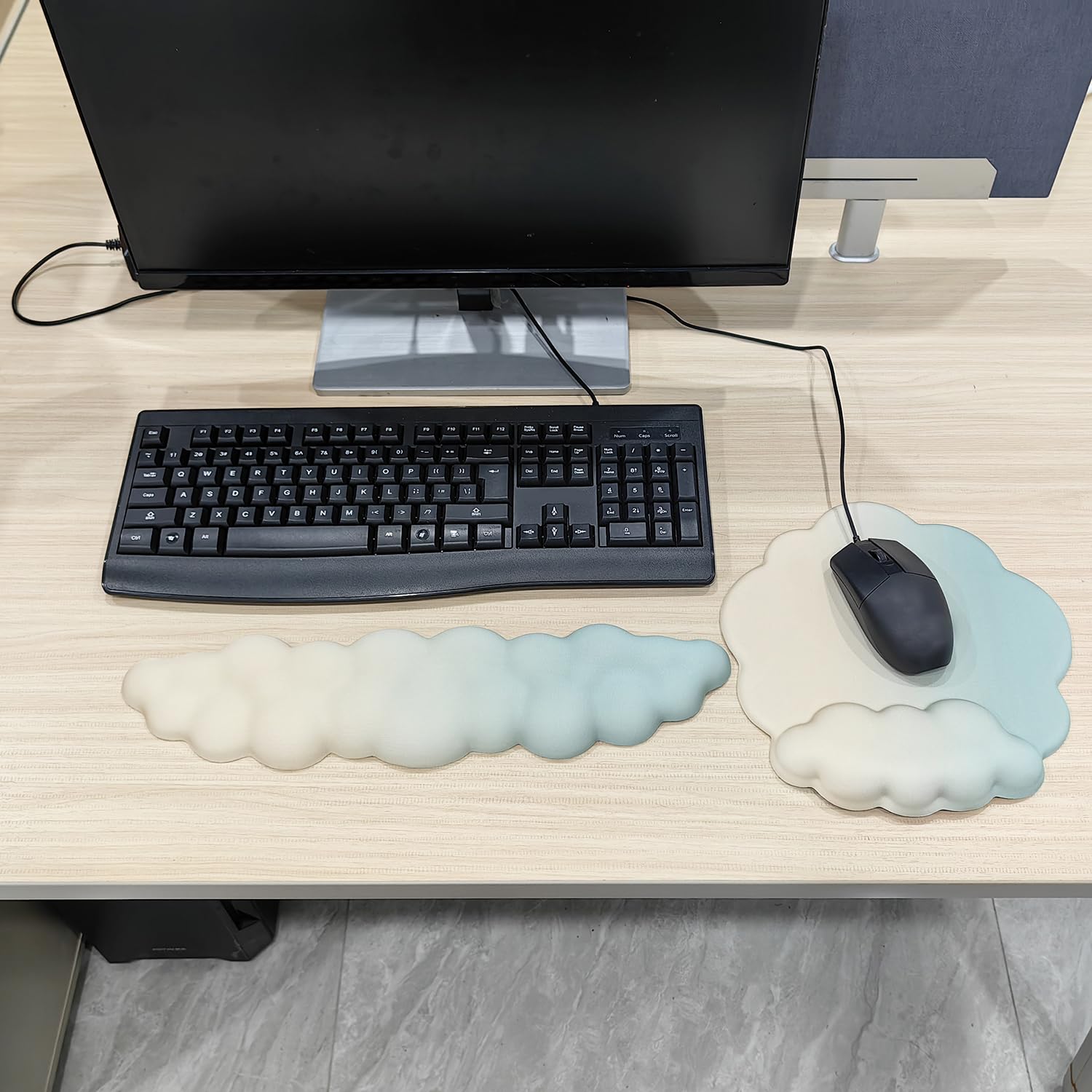 Repose Poignets Clavier - Couleur Dégradé Bleu-Blanc 42x11x2cm， Repose Doux Cloud Souris Ensemble Pour bureau gaming ordinateur portable maison Ergonomique Souple et Confortable