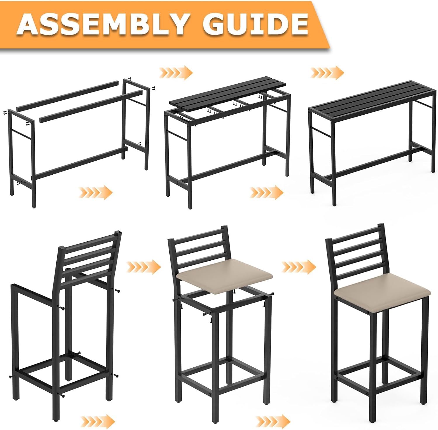3 Piece Outdoor Patio Bar Set, 50" Rectangular Counter Height High Top Bar Table Patio Bar Set, 2 Cushioned 41" Bar Stools Modern Metal Outdoor Bar Set for Poolside, Balcony, Backyard, Porch
