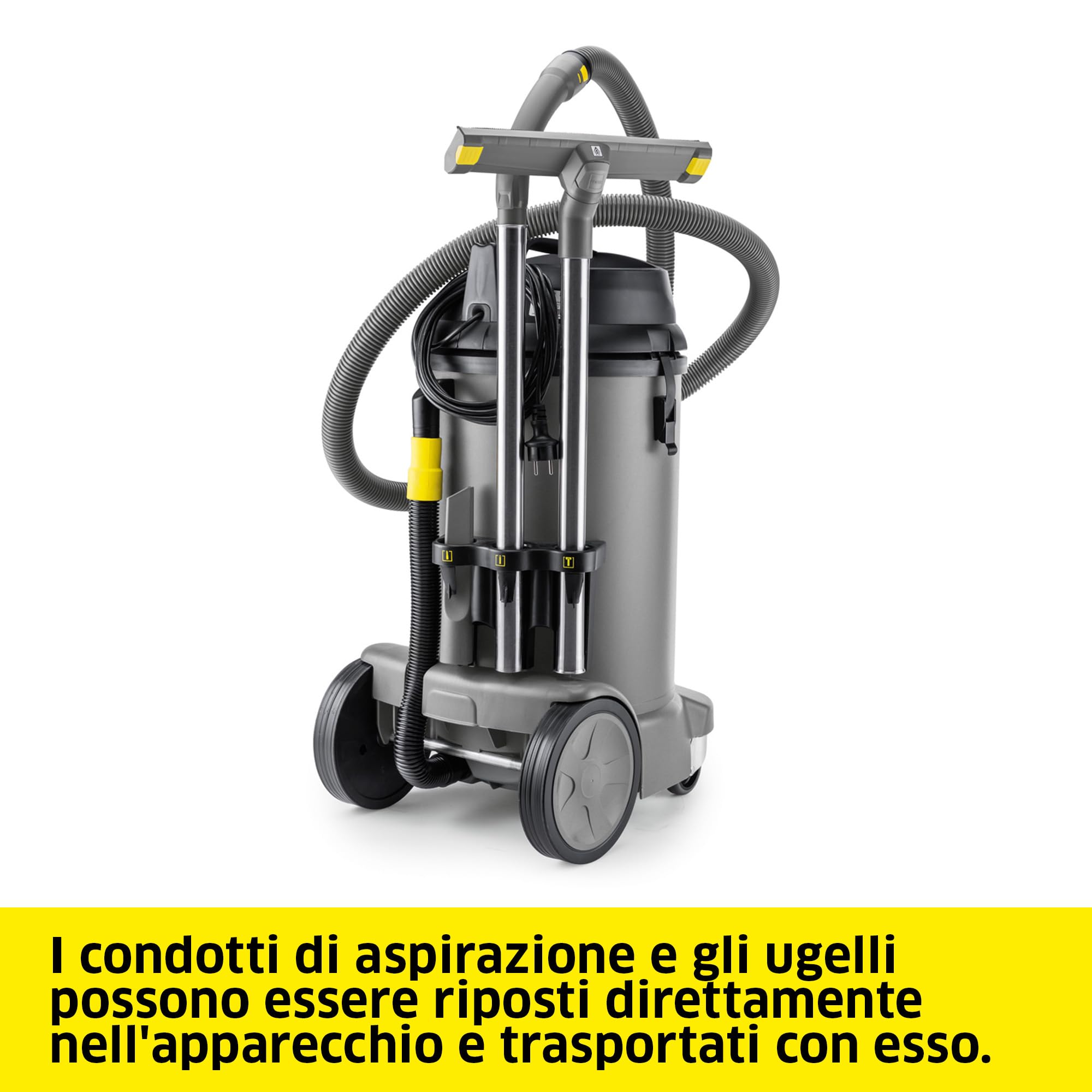 KÄRCHER aspiratore solidi-liquidi NT 48/1, potenza: max 1380 W, contenitore: 48 l, tubo di aspirazione: 2,5 m, curva, ugello pavimento bagnato/asciutto (360 mm), bocchetta fessure, tubo di scarico