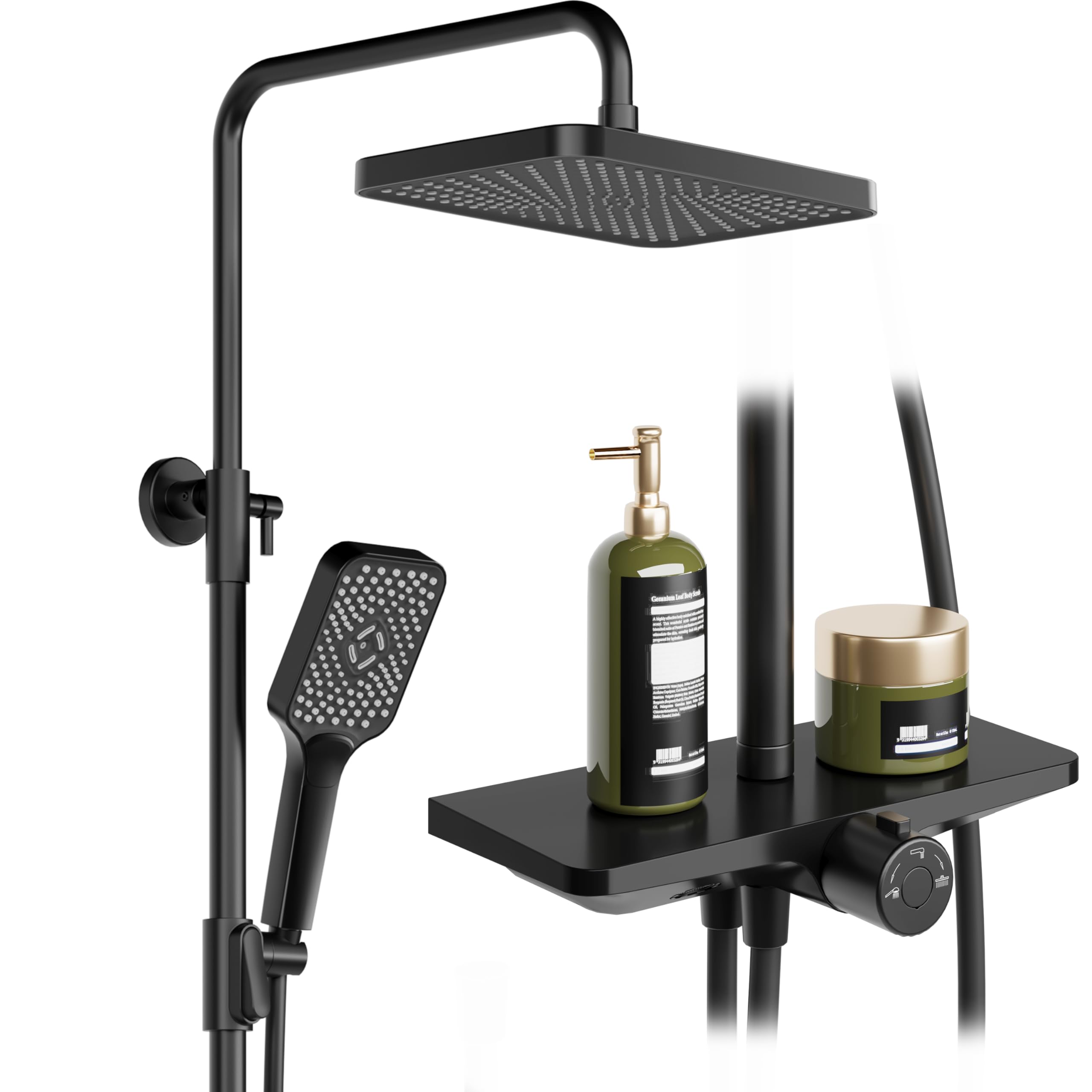 Regendusche ohne Armatur mit Ablage, Duschsystem mit Duschkopf Edelstahl Verstellbare Duschsäule Duschstange Überkopfbrause set Kopfbrause Eckig 30x 20.5cm Schwarz