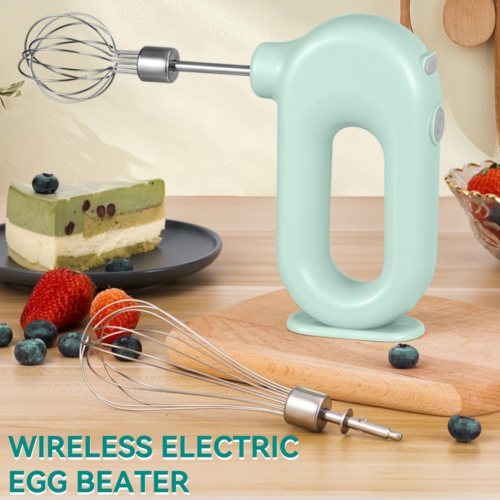 Frullatore manuale ricaricabile senza fili, mini 4 velocità, regolabile, USB, ricaricabile, per whisk a mano, portatile, 1500 mAh, con 2 martelli per uova (verde)