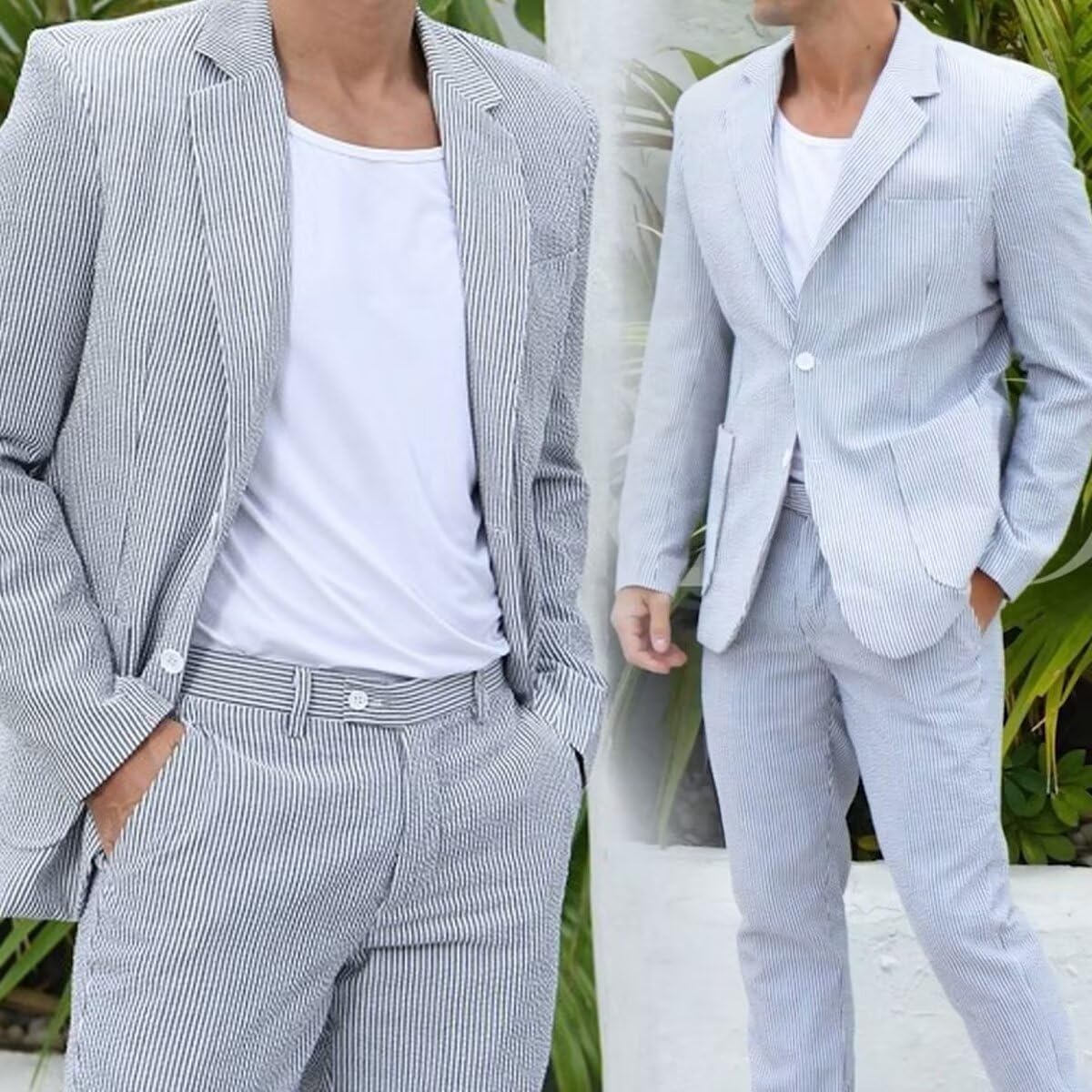 Men 2 Pieces Summer Seersucker Suits Beach Wedding Suits Grooms Slim Fit Striped Blazer - Image 2