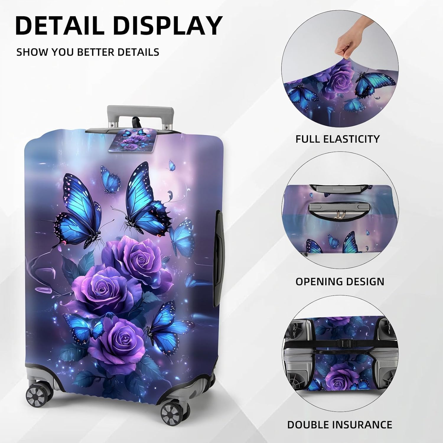 Luggage Covers with Tag for Suitcase Tsa Approved, Washable Cover Travel Stretch Baggage Case Protective Suitcase Protector Fits 22-25 Inch Luggage, Purple Roses Blue Butterfly