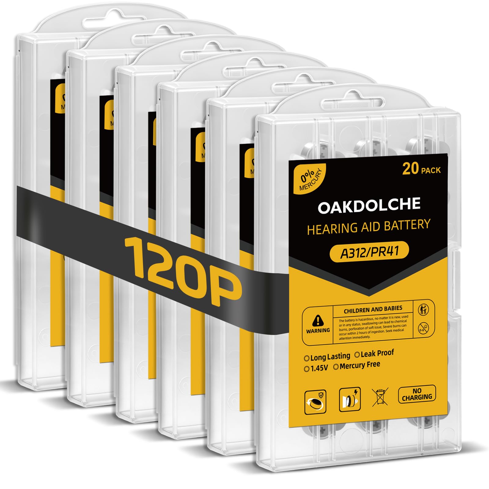 Batterie per apparecchi acustici, dimensioni 312,120 pezzi, batterie Mercury zinco-aria, 1,45 Volt, a lunga durata e facili da aprire
