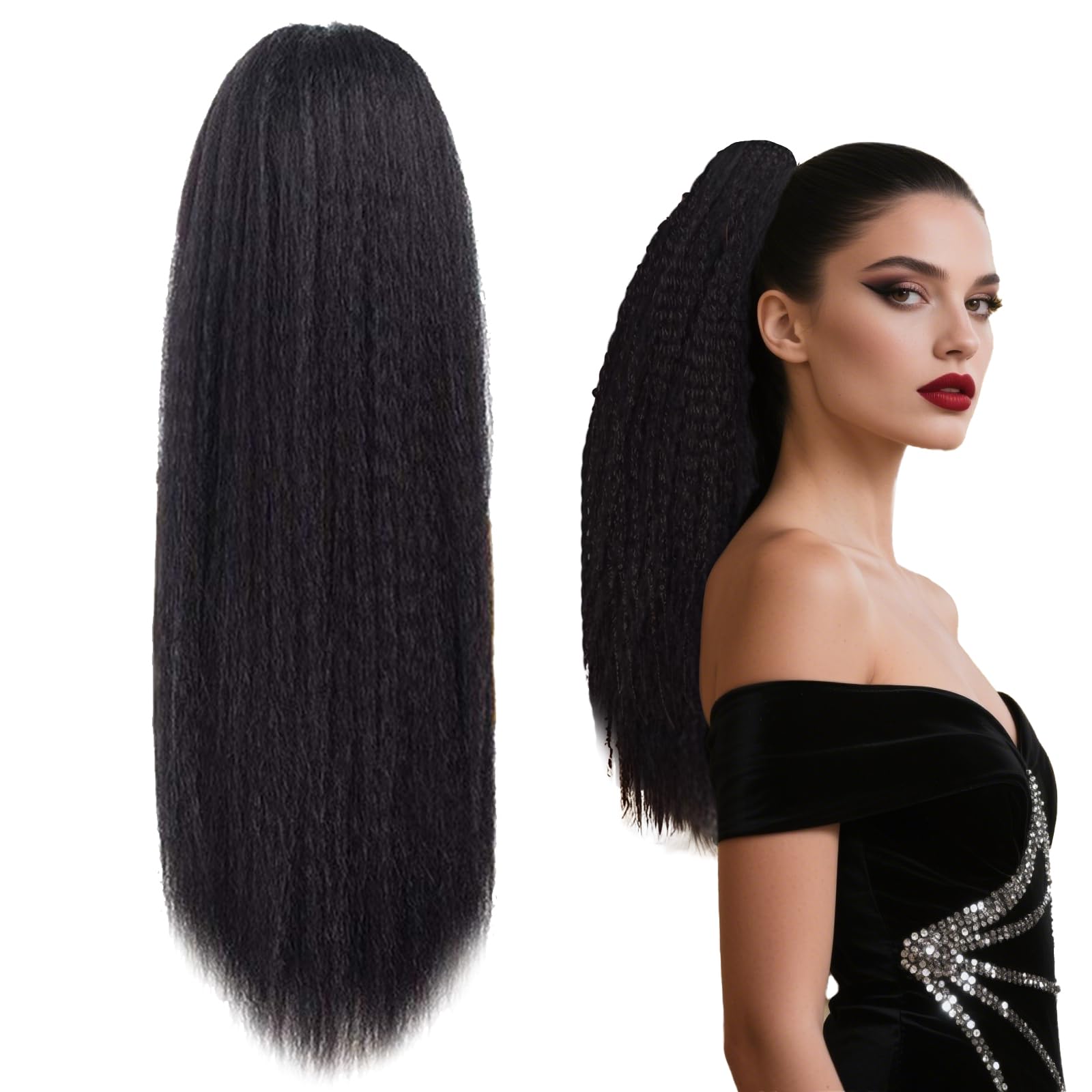 BMYUK Drawstring Ponytail for Black Women Hair Clip in Extensions Ponytail Remy Hair Extensions Natural Black Color Staight Up Down Ponytails Synthetic 24 inch