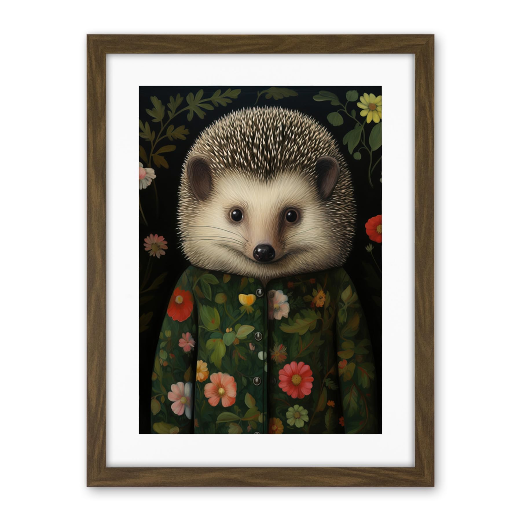 Artery8 Hedgehog in Hedgerow Floral Jacket Cute Kids Bedroom Artwork Framed Wall Art Print 18X24 Inch