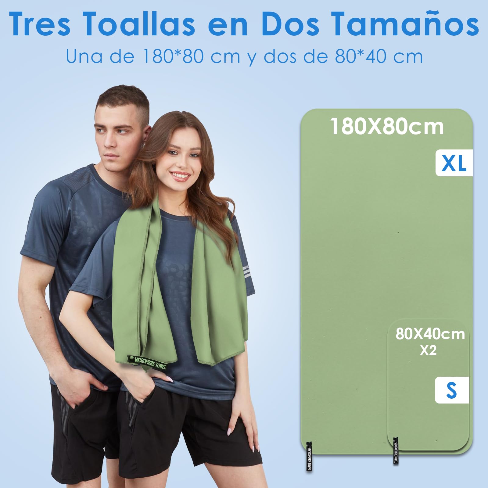 Juego de 3 toallas de microfibra, 180 x 80 cm + 2 de 80 x 40 cm, no destiñen, de secado rápido, para gimnasio, playa (verde claro)