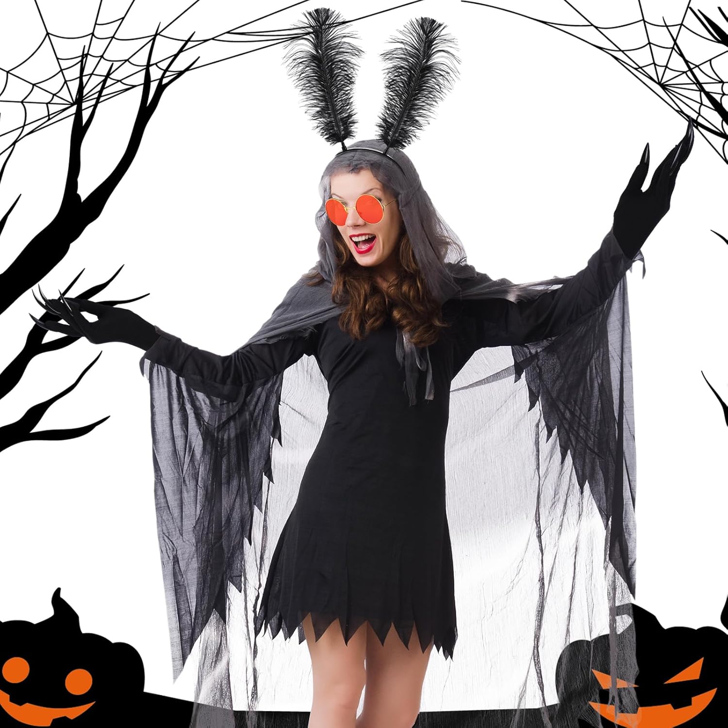 3 Pcs Halloween Mothman Costume Accessories Include Paw Gloves Glasses Feather Headband for Unisex Adults Women Men - Image 4