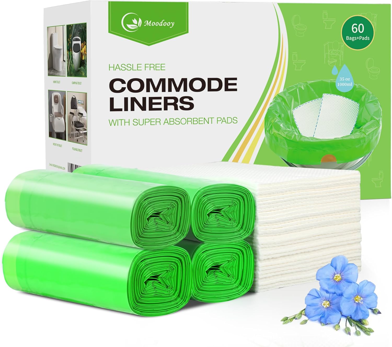 Moodooy Commode Liners with Absorbent Pads 60 Bedside