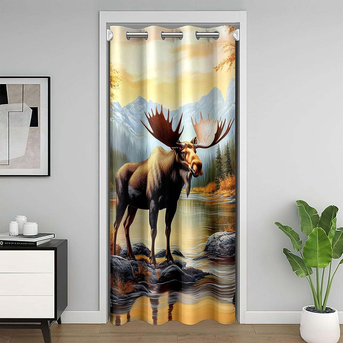 3D Moose Doorway Curtain,1 Panel 52" W X 80" L,Natural Jungle Scenery Decor Door Curtain for Clost,Wild Animal Pine Trees Lodge Cabin 30%-50% Blackout Door Drape for Bedroom Privacy