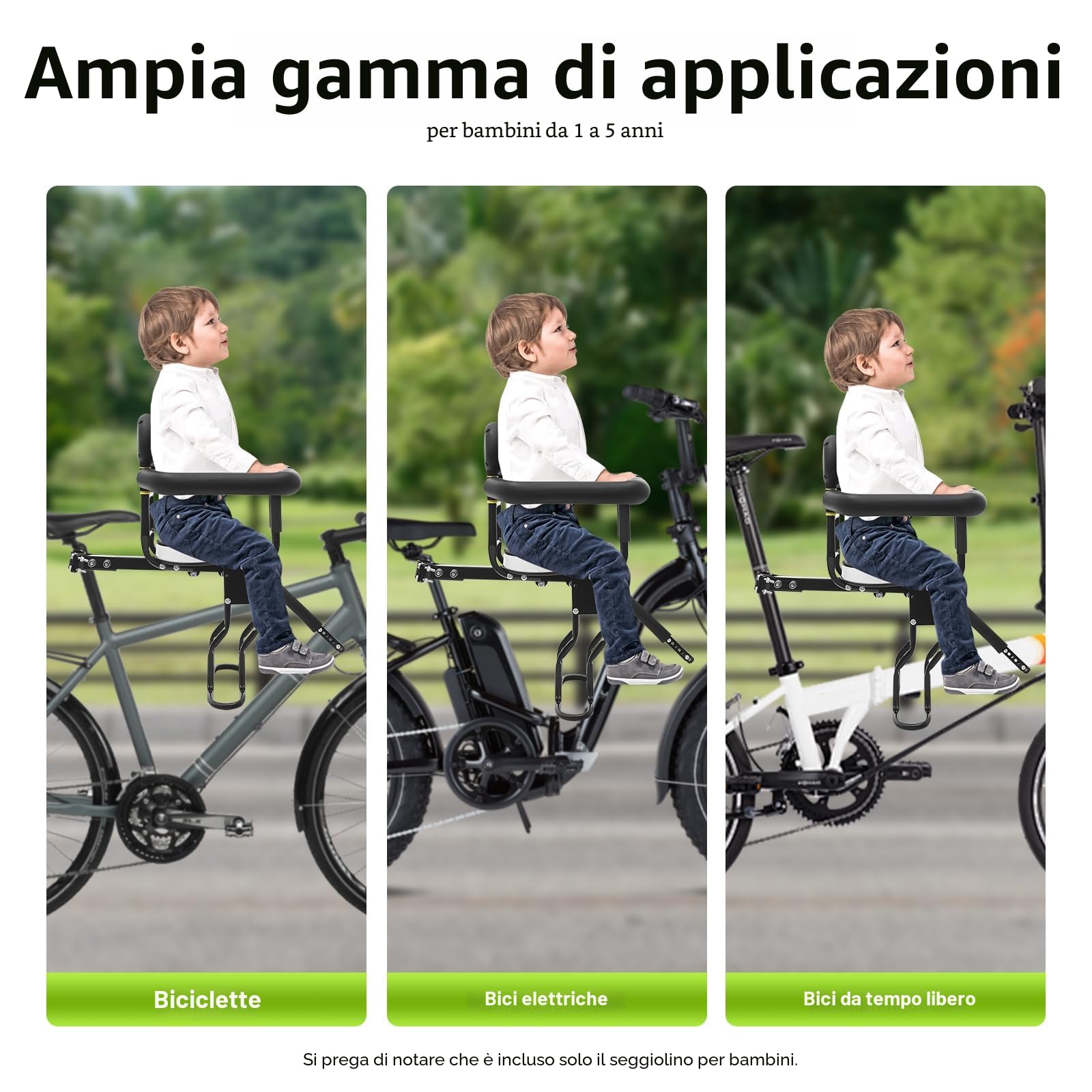Seggiolino per Bicicletta per Bambini, Seggiolino per Bicicletta Anteriore Fino a 80kg 1-5 Anni Telaio in Acciaio Regolabile Cintura di Sicurezza Imbottito per Bici da Città E-Bike