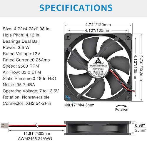 Miniatura 6 de GDSTIME Rodamientos de bolas duales 4.724in x 4.724in x 0.984in 5 pulgadas 12 V ventilador de escape de refrigeración CC sin escobillas