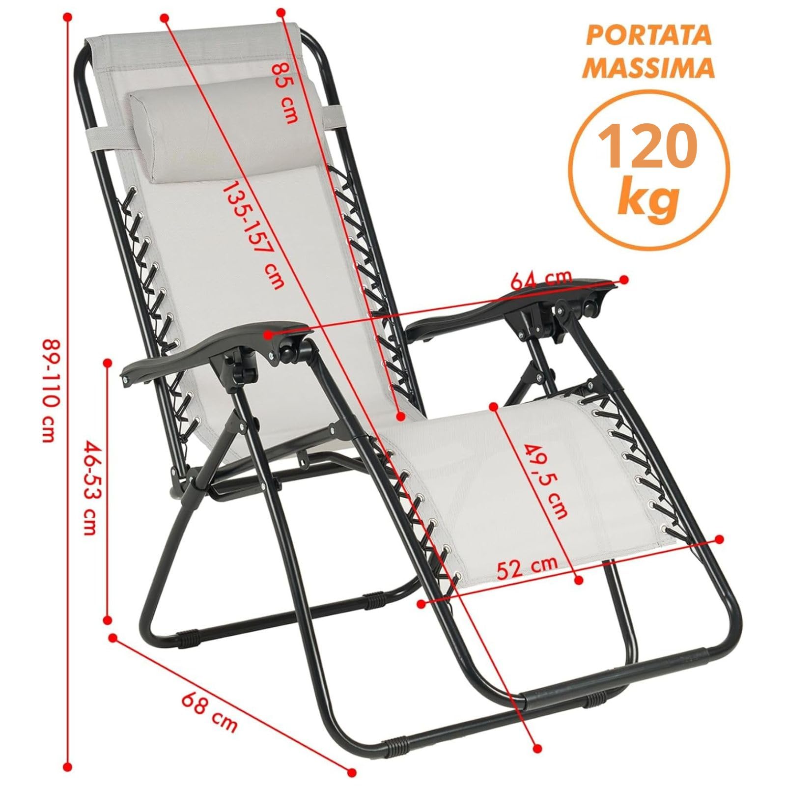 Sedia Pieghevole Reclinabile da Giardino, Struttura in Acciaio, Tessuto Textilene, Stile Moderno, per Esterno, 190x60x38 cm (Grigio)