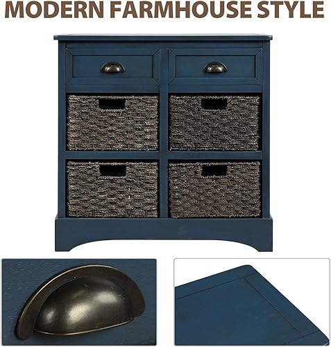 Miniatura 5 de P PURLOVE Armario de almacenamiento de estilo retro con 2 cajones de madera y 4 cestas de mimbre para el hogar, cocina, entrada, sala de estar (azul