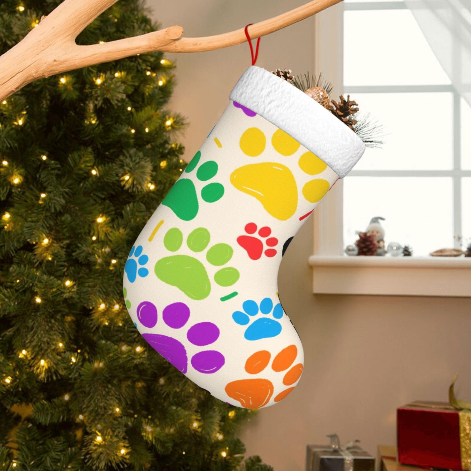 Velvet Christmas Stockings 17.7 Inch, Colorful Doodle Paw Xmas Stocking with Soft Cuff,Classic Personalized Christmas Tree Decoration for Family Holiday New Year Party Supplies