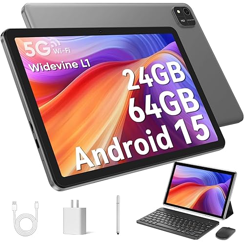 EDDBNi Android 15 Tablet 10.1 inch Tablet 2025 Latest Tablets with Keyboard Mouse 24GB+64GB 2TB Expand 6000mAh Octa-Core Processor Dual Camera WiFi 1280x800 IPS 18W Fast Charging (Black)