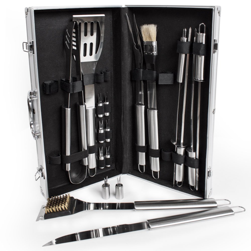tectake® Set Barbecue Acciaio Inox, Accessori Barbecue con Valigetta Alluminio, Utensili Griglia, kit Barbecue Completo, Posate Barbecue, Spatola Pinza Forchettone, 18 Pezzi