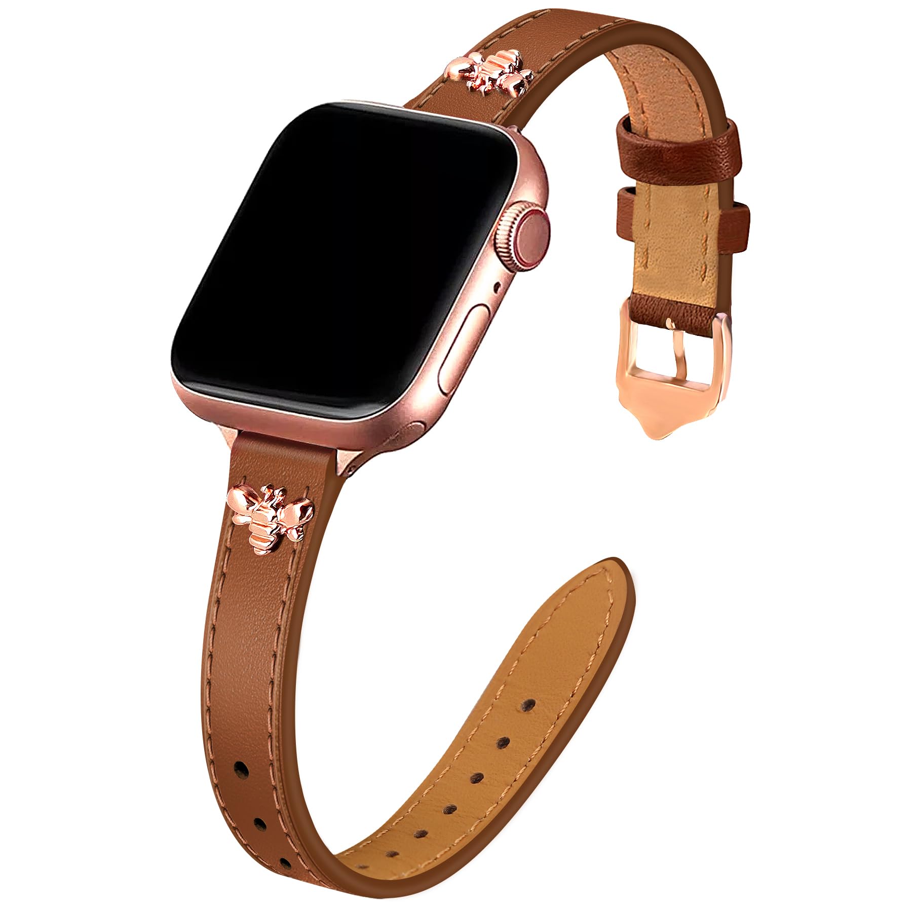 JR.DM Slim Leather Bands Compatible with Apple Watch Band 38mm 40mm 41mm 42mm 44mm 45mm 46mm 49mm, Genuine Leather Band with Charms, Feminine Design