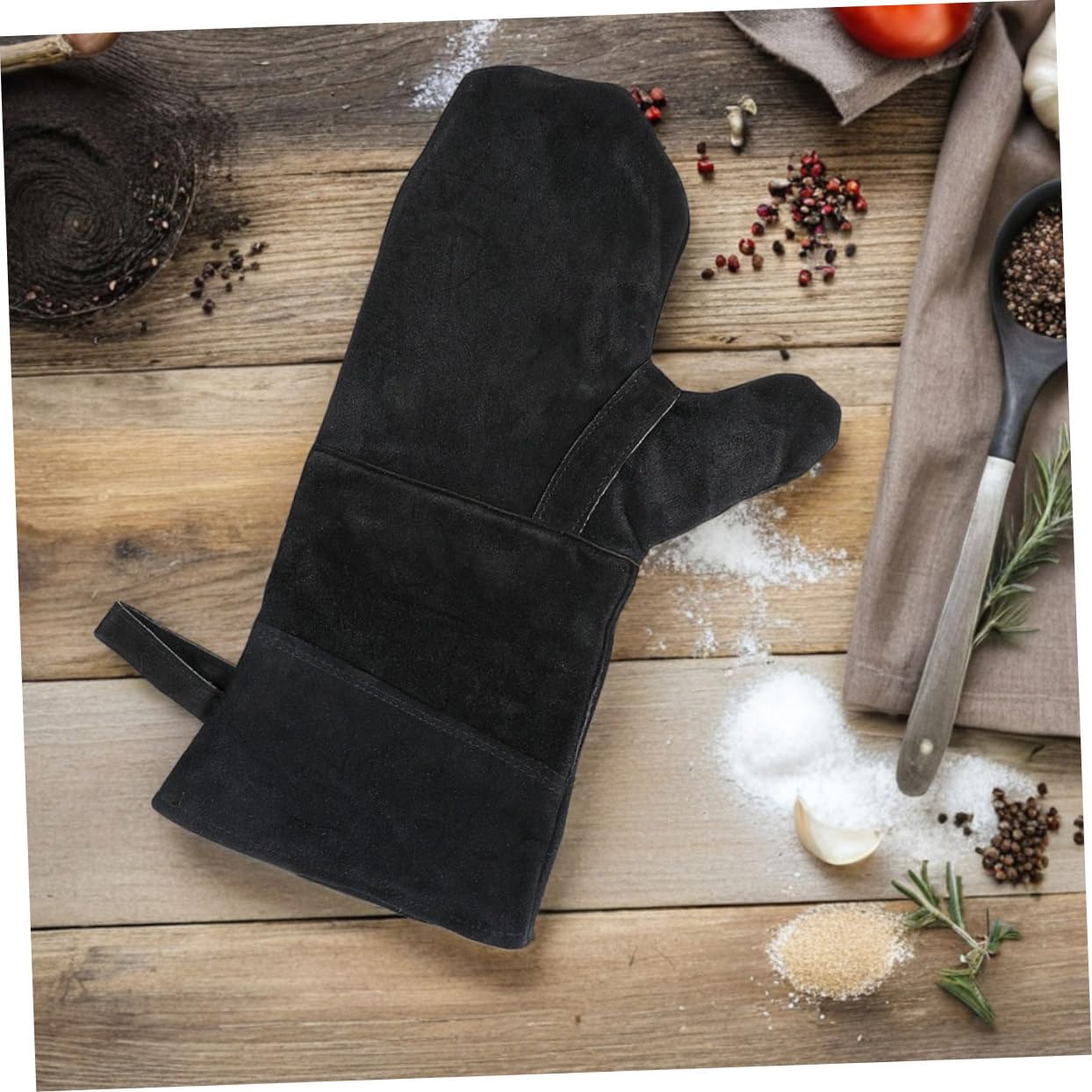 Guanti da Forno per Dita Neri 3 Pezzi in Pelle Bovina | Fodera in Cotone, Resistenti al Calore per Cucina e Stufa, Facili da Pulire