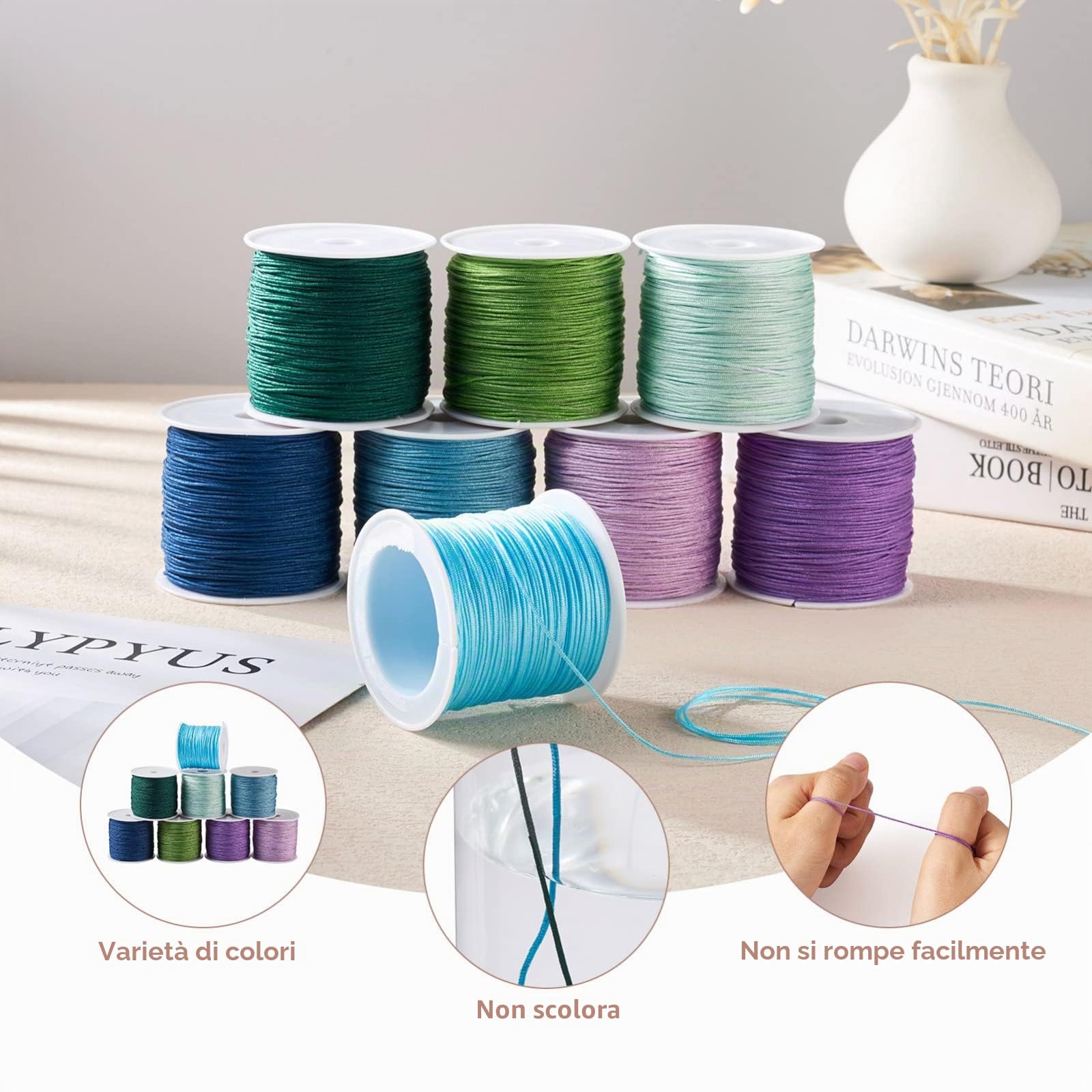 PandaHall - 8 rotoli di filo di nylon per nodi cinesi, corda per macramè, 0,8 mm, corda intrecciata rotonda per perline, braccialetti, creazione di gioielli, 45 m per rotolo