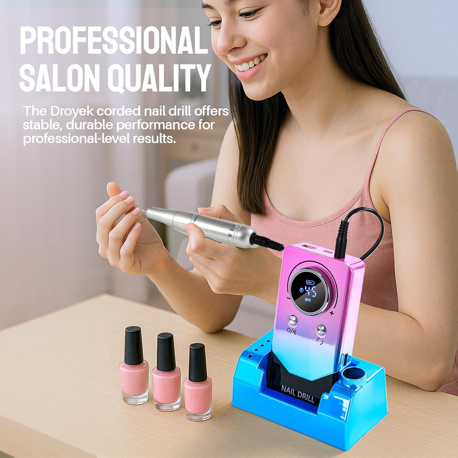 Droyek Electric Nail Drill Portable Nail Drill Professional 45000 RPM 6 Salon Quality Drill bits 6 Sanding Bands Portable & Low Noise for Acrylic Nails Gel Polishing Removing Bits Kit for Home Use