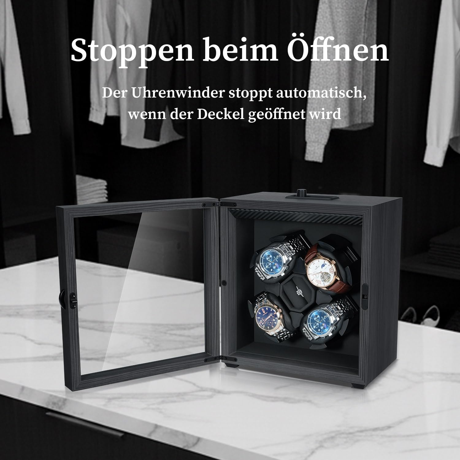 Mcbazel Automatischer Uhrenbeweger für Vier Uhren, Automatische Leise Funktion,Watch Winder Silent Motor, Verstellbare, Professionelle Uhrenpflege-Lösung – Schwarzes Ebony-Muster