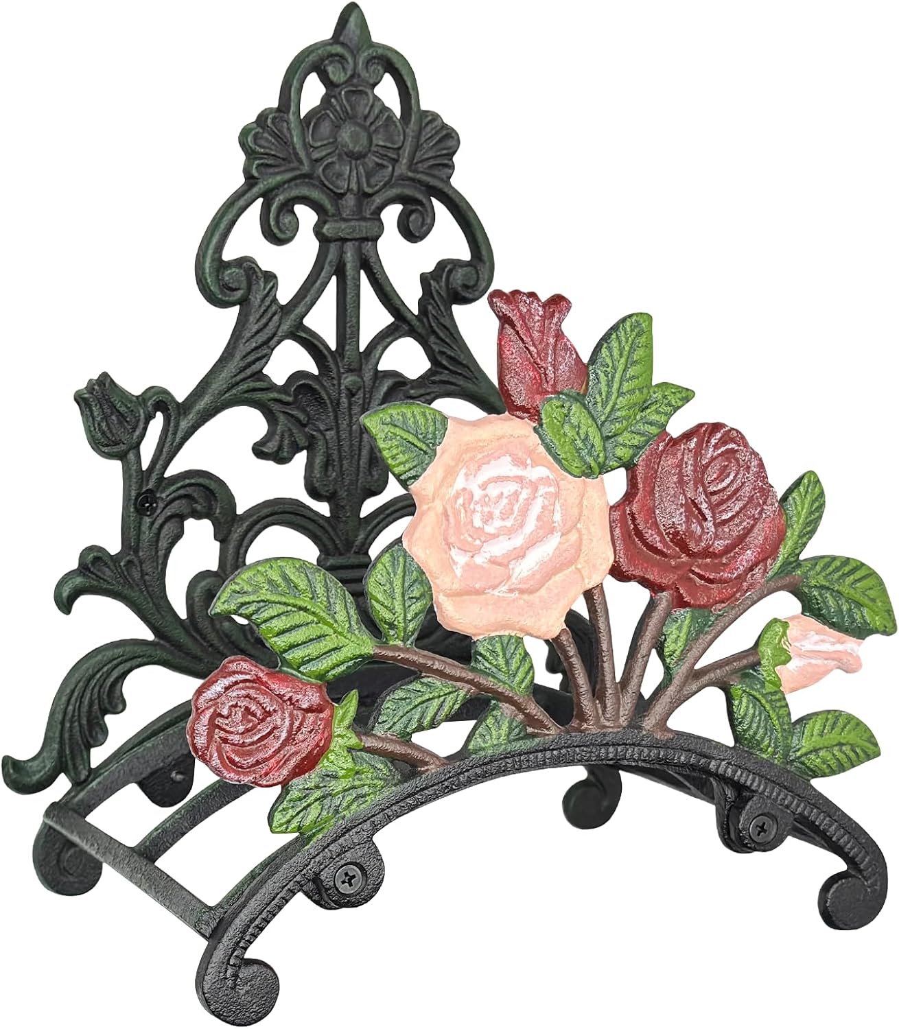 Cast Iron Garden Hose Holder Wall Mount, Rustic Heavy Duty Water Hose Hanger Storage Rack, Decorative Vintage Hose Reel Organizer for Outside Garden Yard Patio, Painted Rose Design