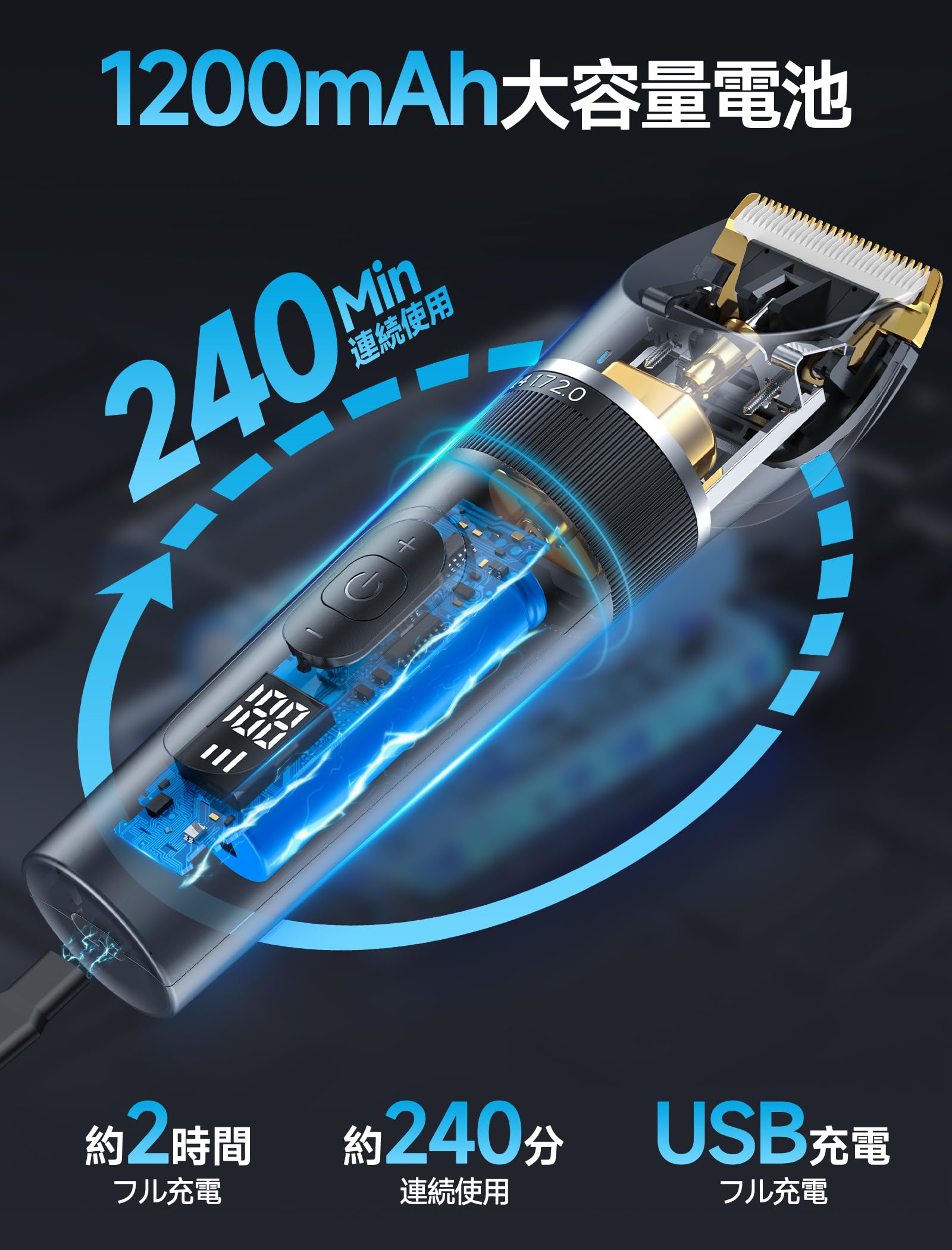 WONSEFOO USB充電式ヘアーカッター 5段階刈り高さ調節 LEDディスプレイ