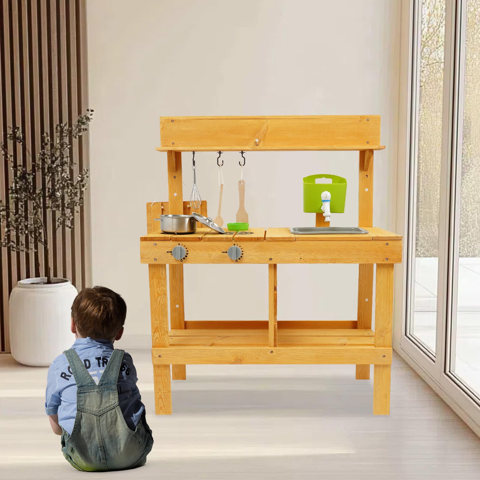 Matschküche Kinder Outdoor, Kinderküche Holz mit Spüle, Outdoor-Matschküche aus Holz, Gartenküche Outdoorküche, Spielküchen-Set für Kinder von 3-8 Jahren
