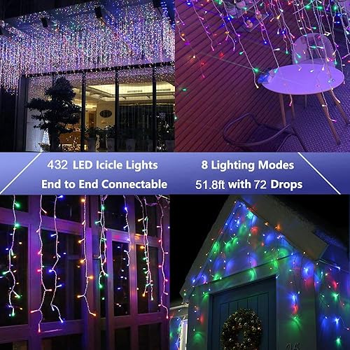 Miniatura 4 de Lyhope - Tiras de luces de carámbanos, 432 LED de 35.4 pies, 8 modos, bajo voltaje, 72 gotas, guirnalda de luz para ventana, Navidad, alero, boda,