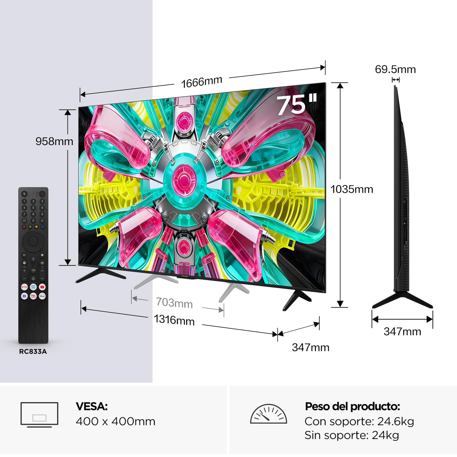 iFFalcon 75U75A 75 Pouces QLED 4K HDR10+ Smart TV, 144 Hz VRR