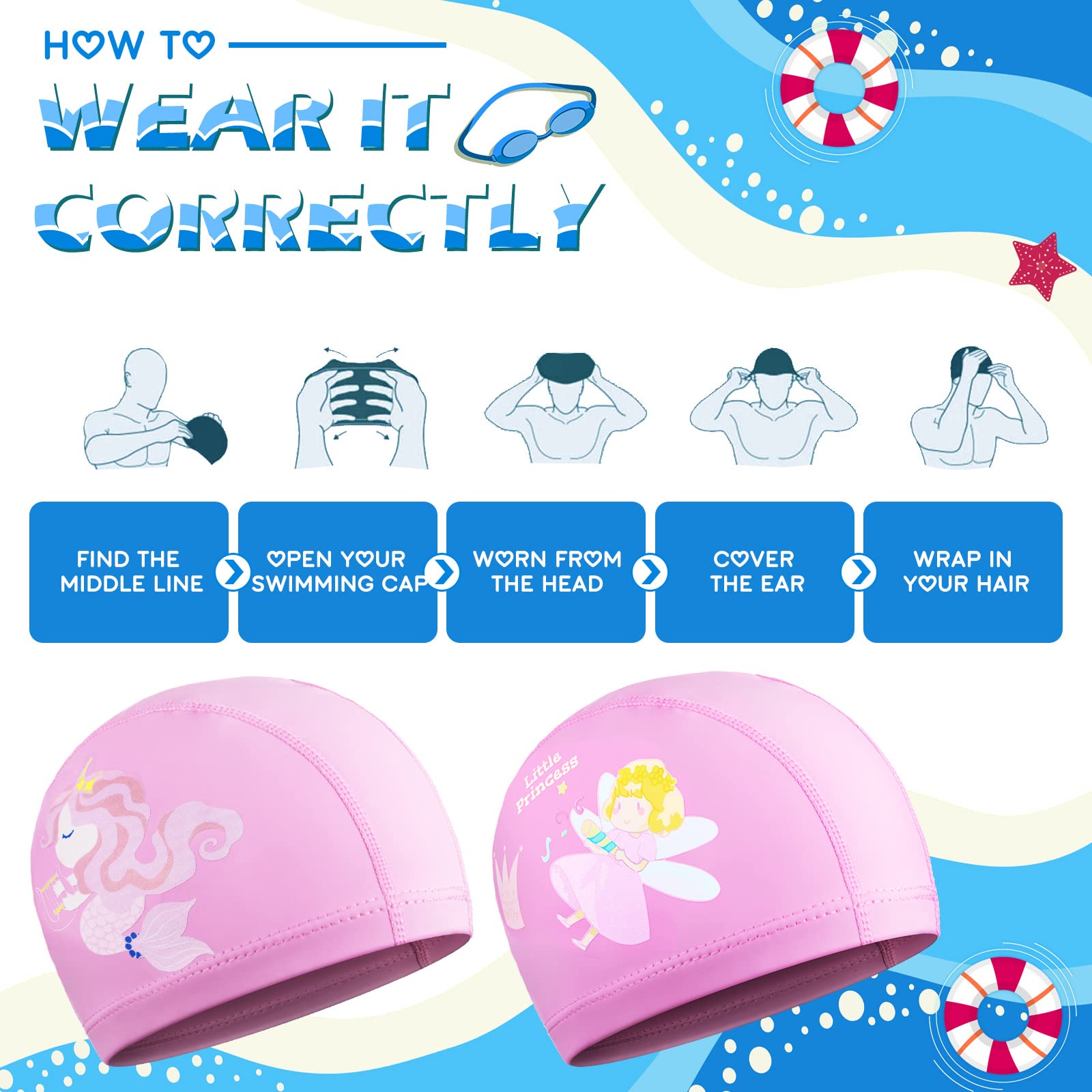 2 Pieces Kids Swimming Caps for Kids, Toddler, Children, Boys and Girls, Kids Waterproof Bathing Swim Cap for Long and Short Hair (Elf, Mermaid) 3