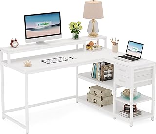 Tribesigns l字デスク パソコンデスク 引き出し付き 幅140cm 机 pcデスク コーナーデスク ゲーミング オフィス 事務用 左右組み替え可能 (ホワイト)