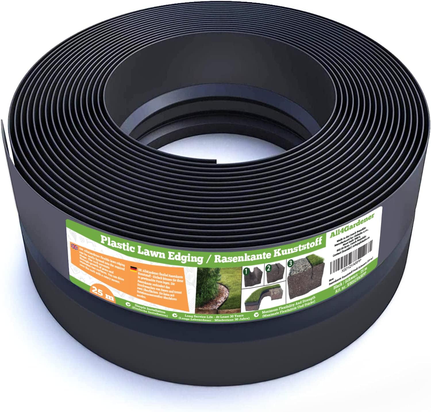 Flexible Garden Edging 25 m Black, 20 cm High – Hidden Plastic Curb – Simple Installation, Maximum Flexibility, Strong Enough, Made in EU – Garden Borders, Garden Curbs