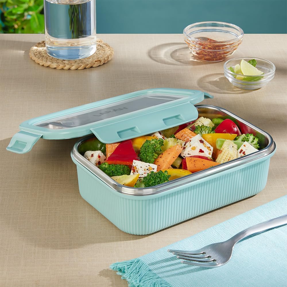 Freshbyte 600ml Rectangular Food Storage Container with Airtight Stainless Steel Lid | Fridge Container for Lunchbox | Food Grade Steel | Microwave Safe | Mint