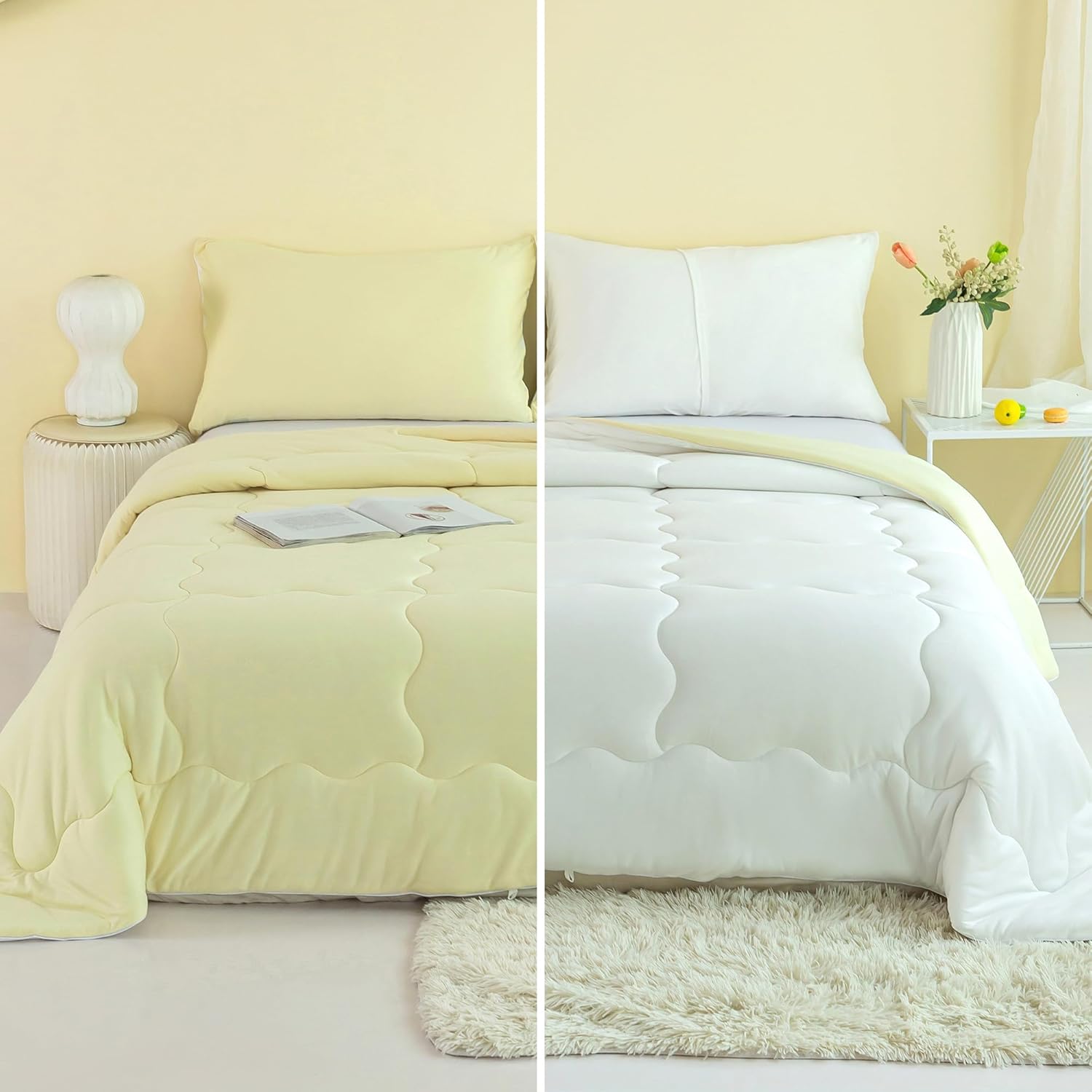 COTTEBED Reversible Queen Sized Bedding Comforter Sets - Cute Jersey Knit T-Shirt Feel Dual-Sided Full Down Comforters - Ultra-Soft Lightweight Quilt & 2 Pillow Shams All Season Use (Yellow and White)