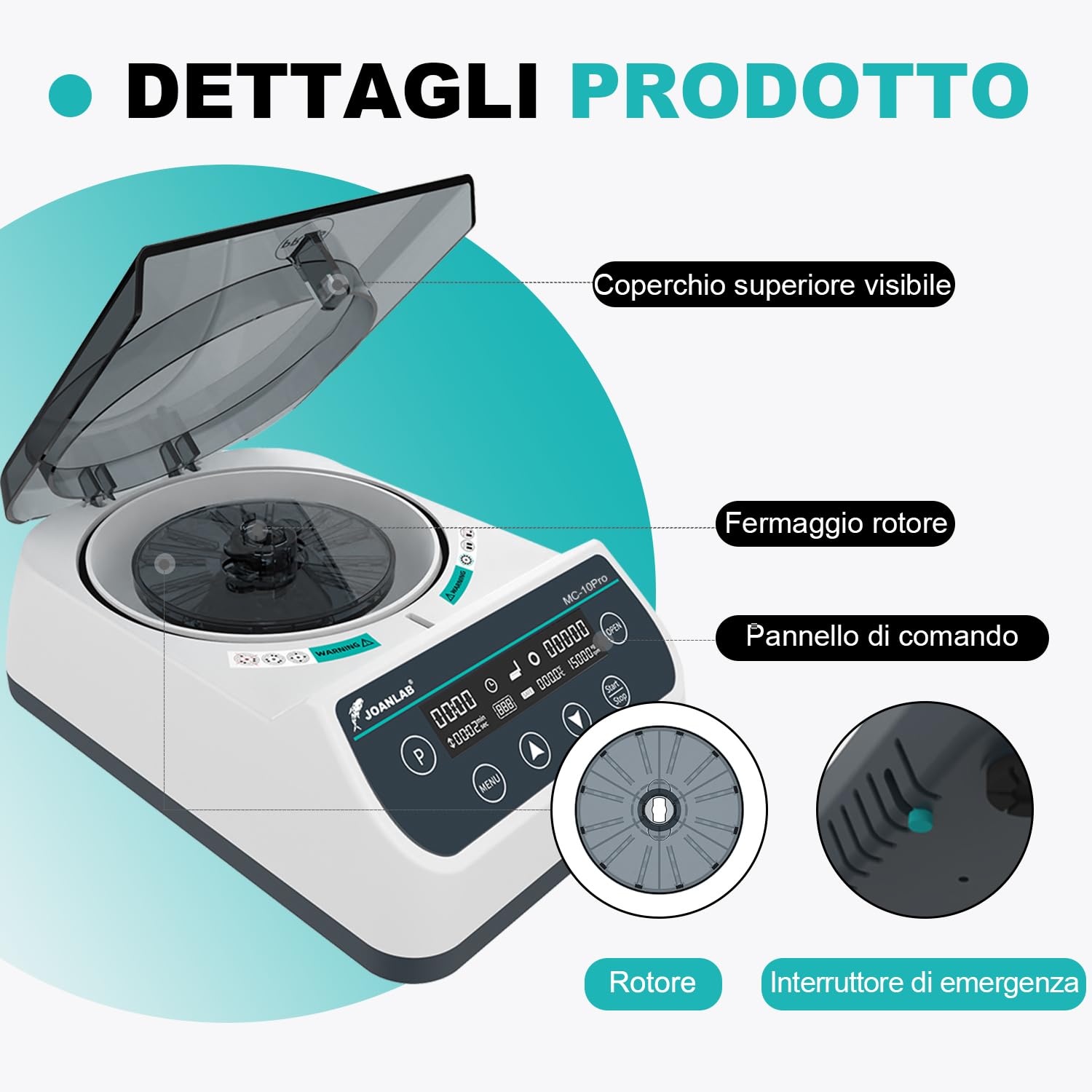JOANLAB Microcentrifuga ad Alta Velocità 10000 RPM, Display LCD - con Rotore Micro (40mm, Φ1.5mm) e Rotore per Tubi 0,2/0,5/1,5/2ml, per Laboratorio