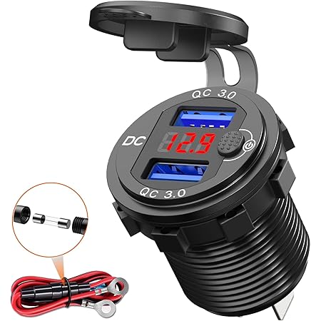 Quick Charge 3.0 Auto USB Steckdose 12V mit Schalter, USB Einbau Buchse 24V Wasserdicht KFZ Ladegerät Zigarettenanzünder Dose mit Rot LED Voltmeter Spannungsanzeige für Motorrad Boot LKW Wohnwagen