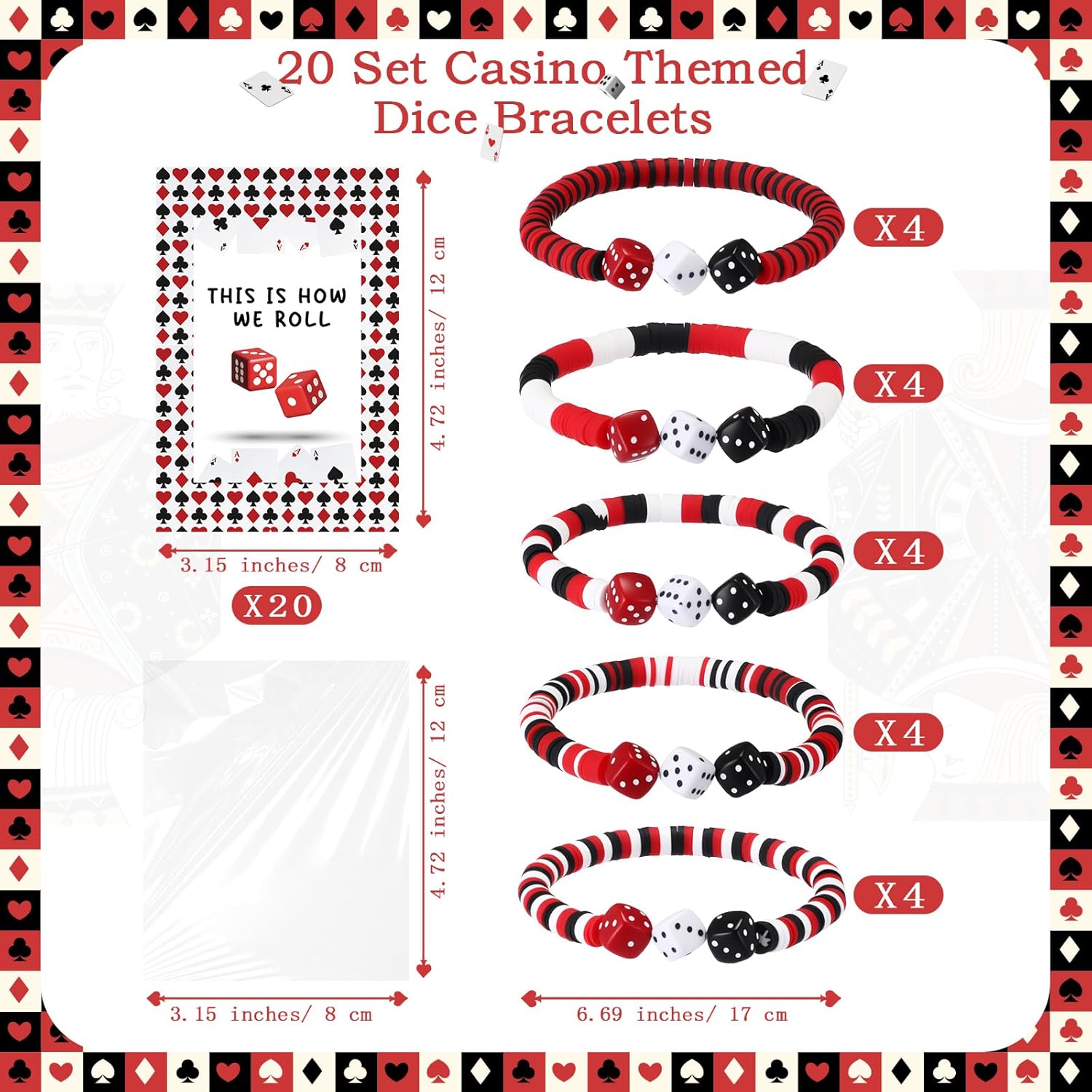 Tondiamo Casino Themed Party Favors Dice Polymer Clay Bracelets Poker Funny Cards Night Red Black White Bracelet Game Night Gifts Prizes for Guest Birthday Party Supplies - Image 2