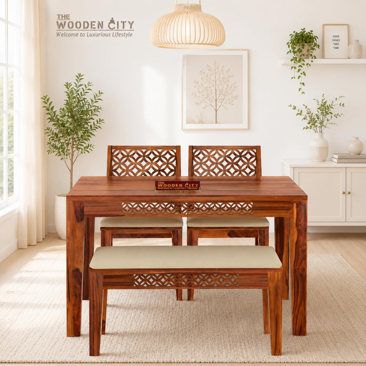 THE WOODEN CITY Solid Sheesham Wood Dining Table 4 Seater Dining Table Set with 2 Chairs & 1 Bench Dinner Table Set for Dinning Room Home & Hotel and Office|Modern Dining Room Set (Honey, 4 Seater)-image-32